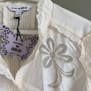Old Navy x Anna Sui White Embroidered Lace-Trim Blouse